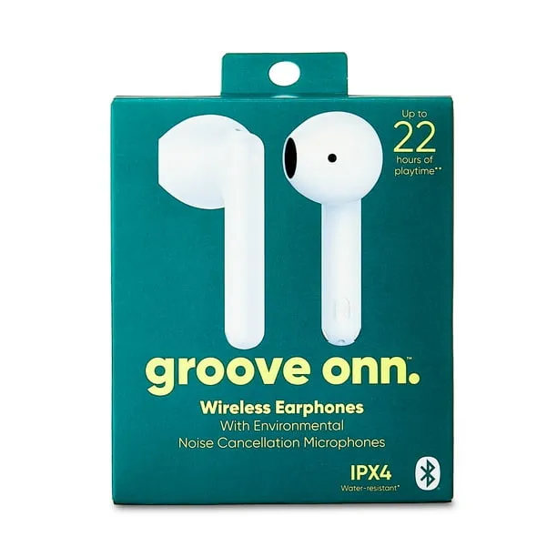 Onn Wireless Earphones with Noise Canceling Microphones and Charging Case, White
