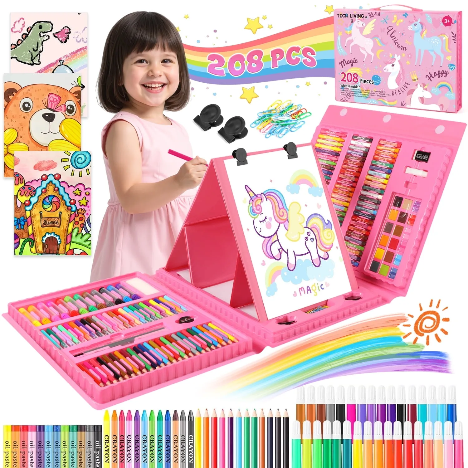 Huge Wave Unicorn Art Supplies for Girls, 208PCS Markers Set with Storage Case, Christmas Birthday Gift for Kids Aged 4