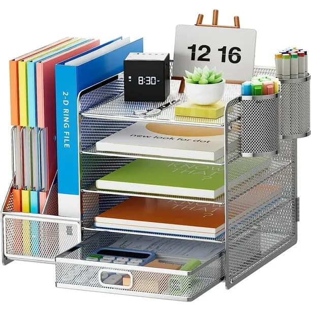 Marbrasse 5-Tier Desk Organizer with File Holder, Drawer, and Pen Holders - Mesh Desktop Storage for Office Supplies