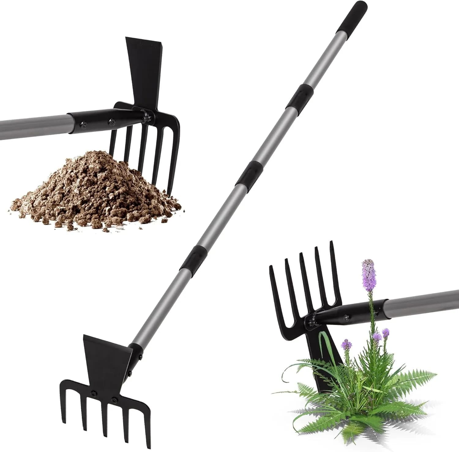 Walensee 2 in 1 Hoe Garden Tool, 63 Inch Garden Hoe Cultivator and 5-Tines Rake with 37-63 Inch Adjustable Long Handle