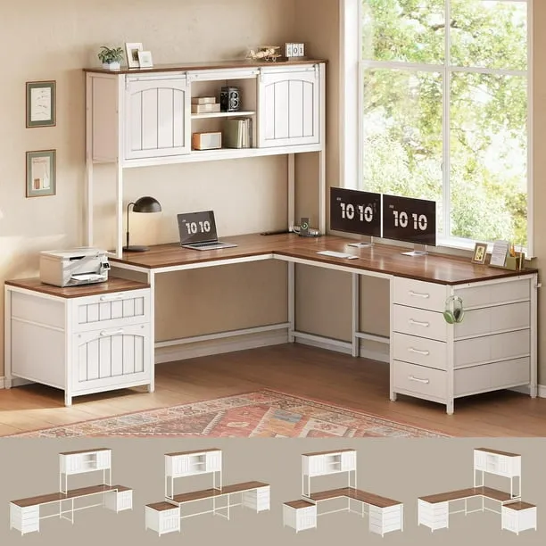 Sedeta Farmhouse L Shaped Desk with Drawers and