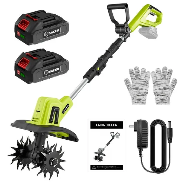 Saker 22V Cordless Tiller Cultivator, 360RPM Electric Garden Tiller with Total 4000mAh Battery, 9-Inch Tilling Width, 6