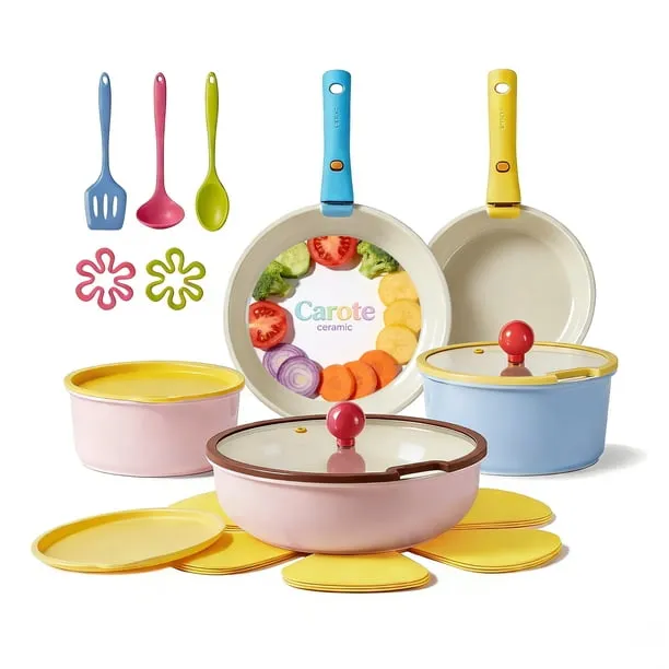 Carote 20 Pcs Ceramic Nonstick Cookware Set, Pots and Pans with Detachable Handles, Oven/Dishwasher Safe, Stackable