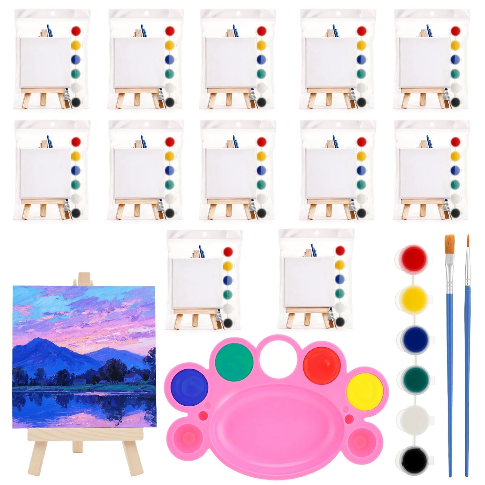 sixwipe 12 Set Mini Canvas for Painting with Wooden Easels, 121 Pcs Art Drawing Kit, 4x4 Canvases, 6 Paint Colors, 2