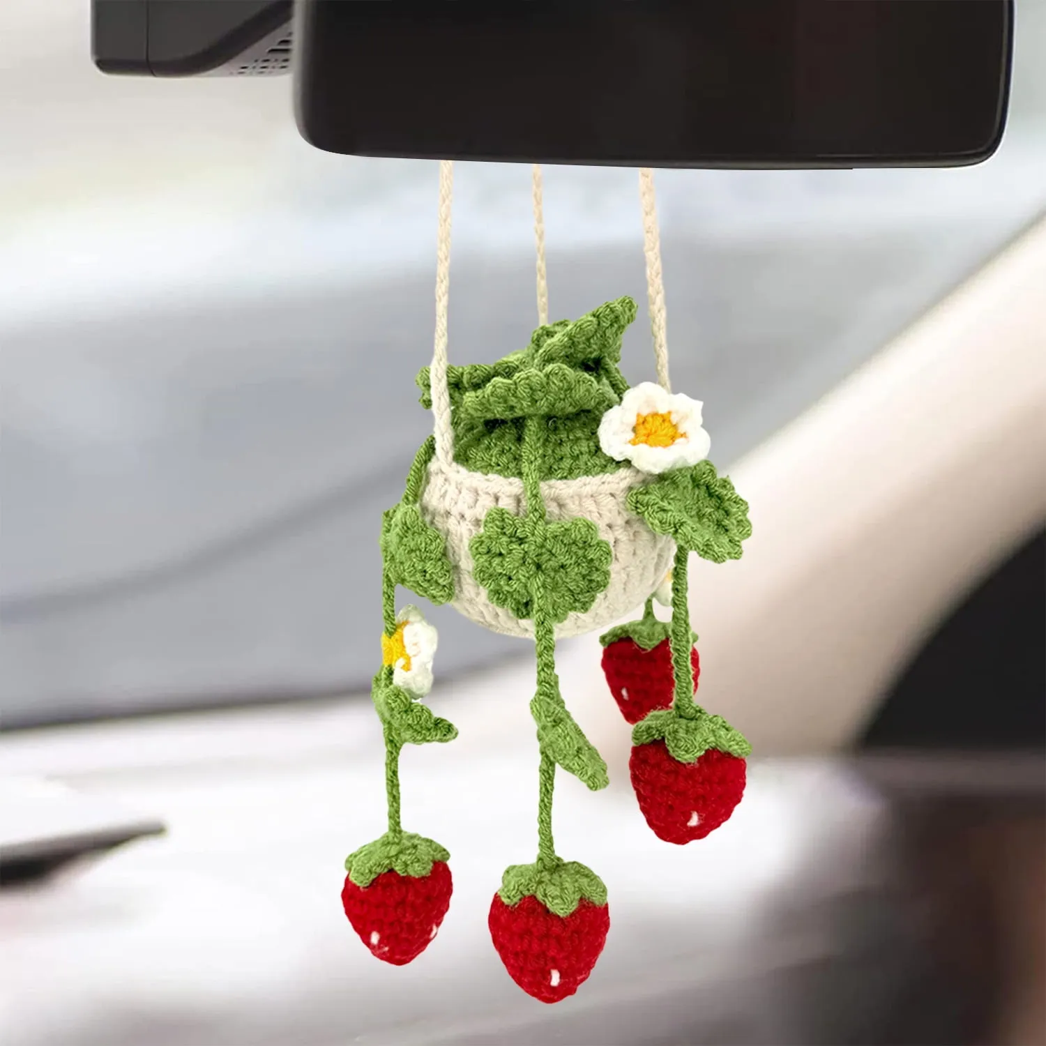 Cute Crochet Hanging Basket Potted Plant Decor for Car Rearview Mirror Pendant, Boho Handmade Hanging Orchid Strawberry 