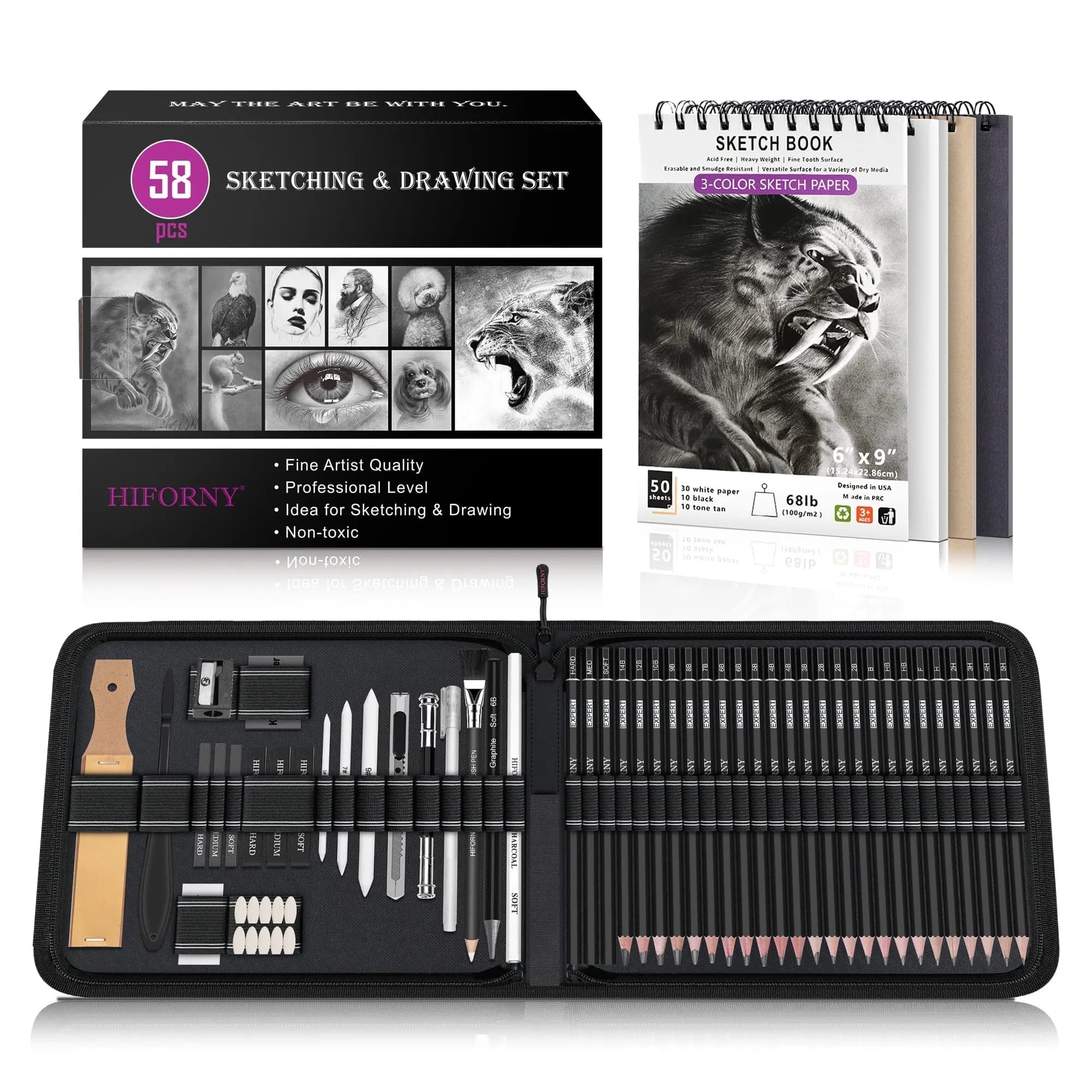 HIFORNY 58 PCS Drawing Kit Sketching Pencil Set,Sketch Pencils Art Supplies with 3-Color Sketchbook,Graphite,Charcoal,Bl