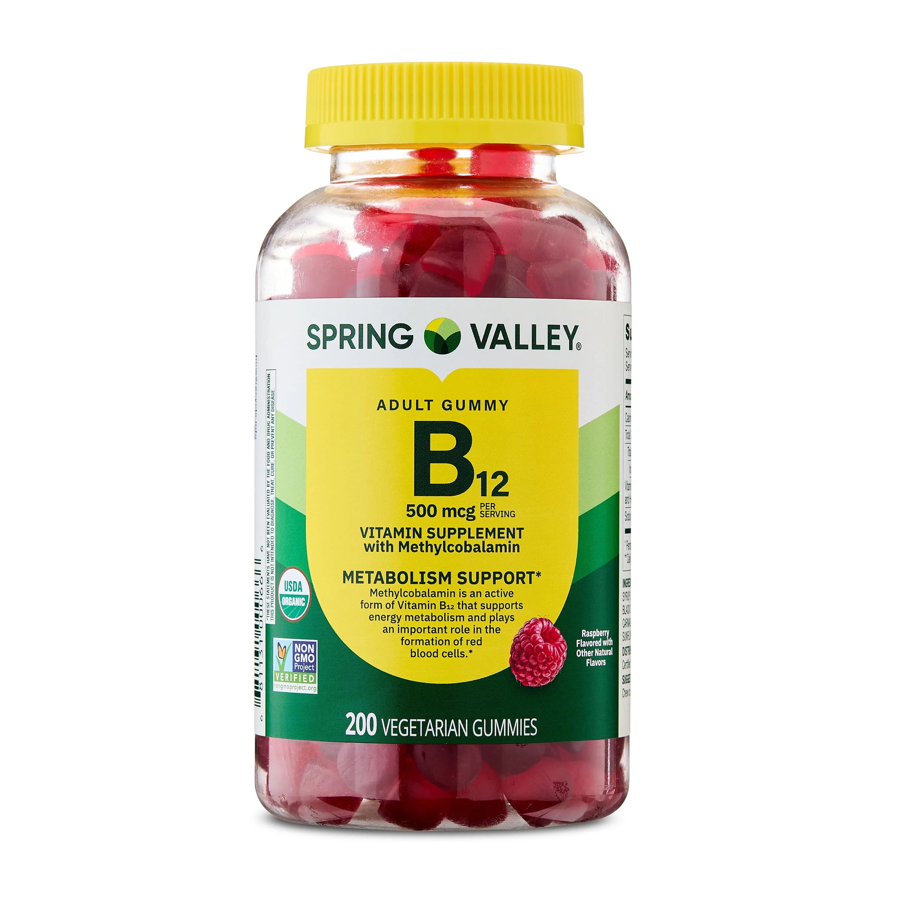 Spring Valley Vitamin B12 Supplement Vegetarian Gummies for Metabolism Support, Raspberry Flavor, 500 mcg, 200 Count