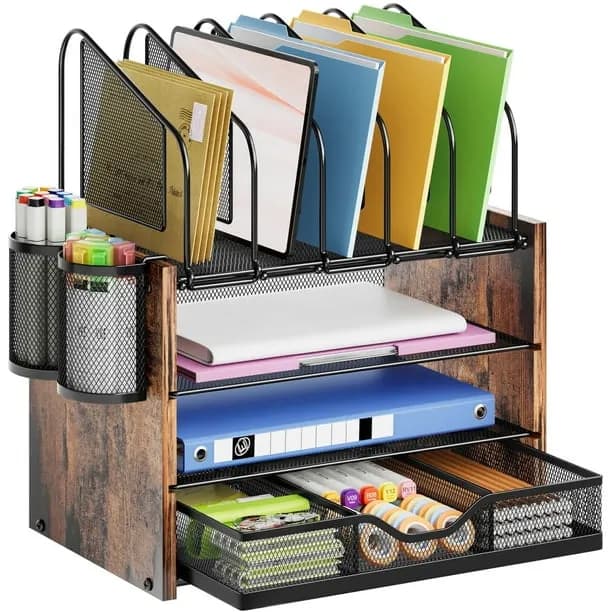 Marbrasse 4 Tier Mesh Desk Organizer Wooden Desk