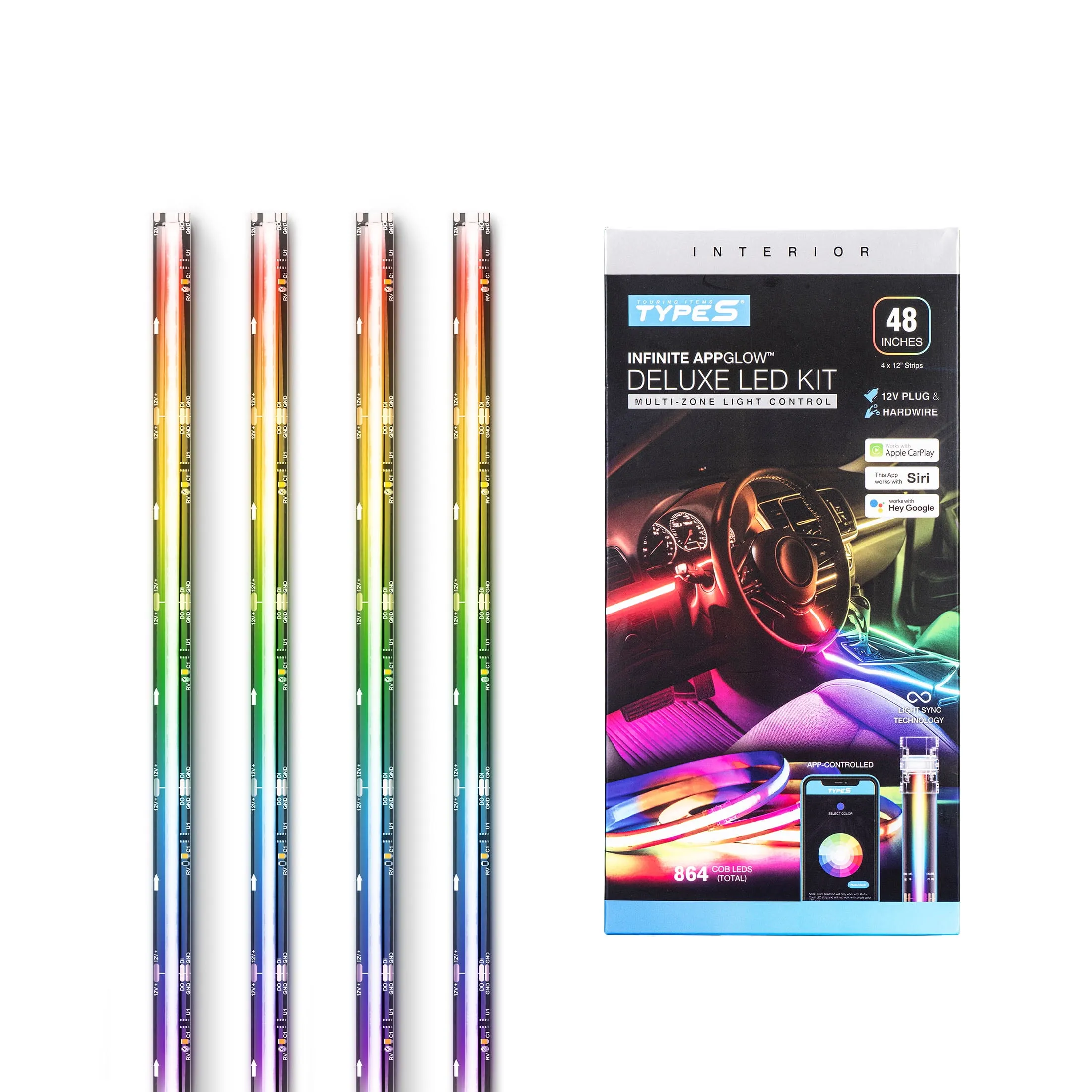 TYPE S - Infinite AppGlow Smart Interior Car LED Light Kit 4 x 12 RGB Strips, CarPlay, Android Auto, Voice Control
