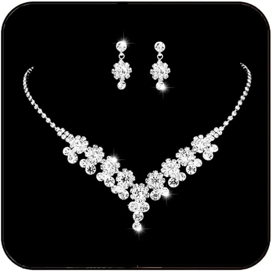 Silver Wedding Jewelry Sets Rhinestone Necklace and Earring Set Crystal Prom Jewelry Sets for Women