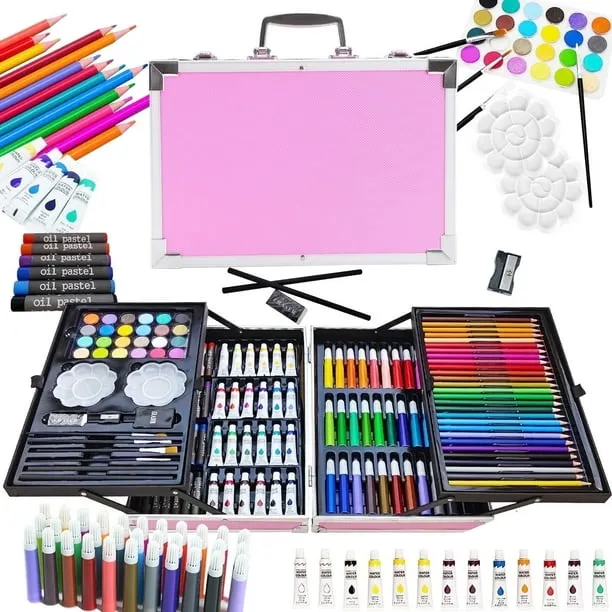 145 Pcs Art Set for Painting Coloring Drawing,Deluxe Portable Double Layers Aluminum Gift Box(Pink),Art Supplies