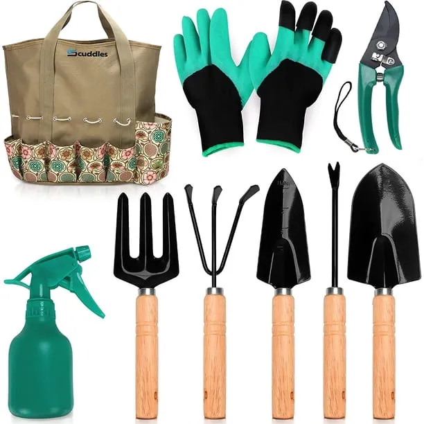 Scuddles Garden Tools Set - 8 Piece Heavy Duty Gardening Kit with Storage Organizer, Ergonomic Hand Digging Weeder Rake 
