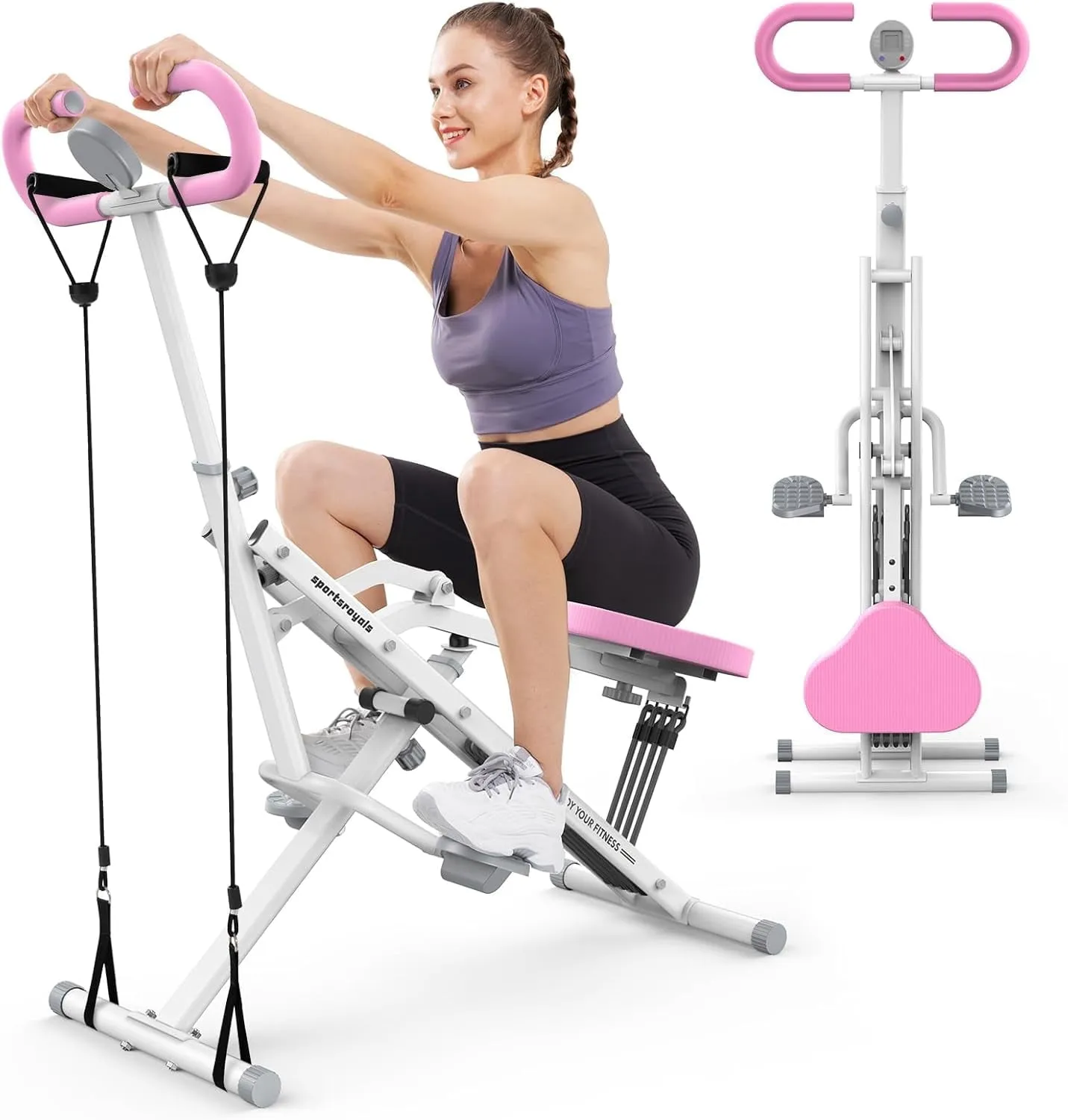 Sportsroyals Pink Squat Machine for Home,Rodeo Core Exercise Machine,330lbs Foldable,Adjustable 4 Resistance Bands,Ride 