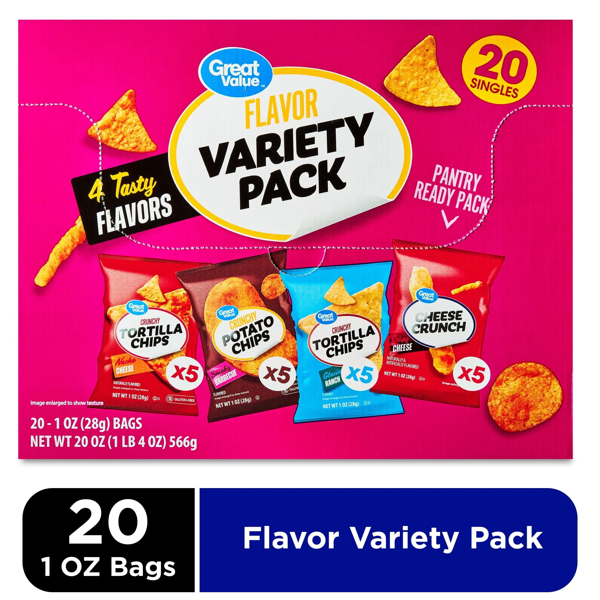 Great Value Flavor Variety Chip Pack, 1 oz, 20 Count