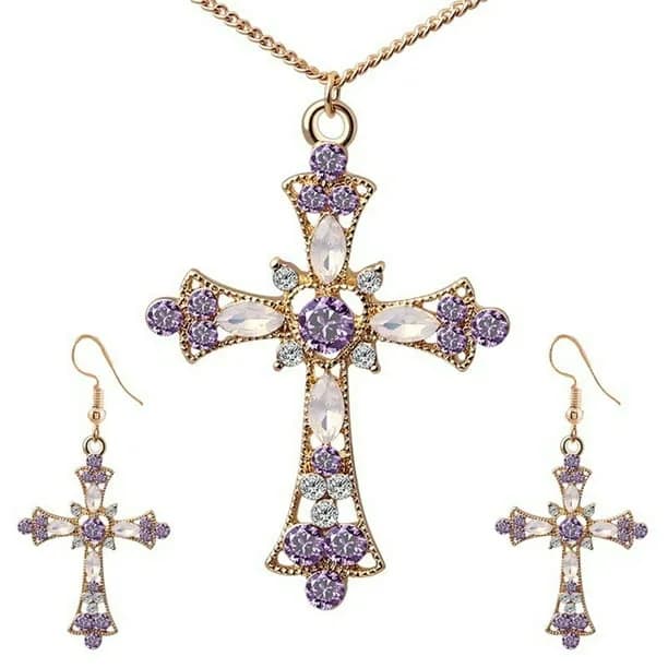 Women Rhinestone Inlaid Cross Pendant Chain Necklace Hook Earrings Jewelry Set