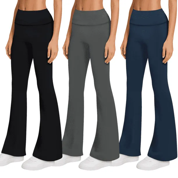 3-Pack Flare Leggings for Women- Foldover Flared Yoga Pants for Women Clothing Made in USA