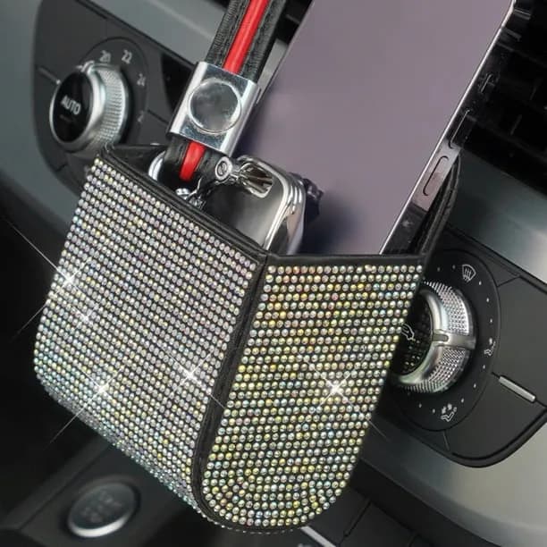 CxhicLuv Car Dashboard Organizer, Auto Leather Storage Box, Diamond Decor Small Item Holder, Vehicle Interior Accessorie