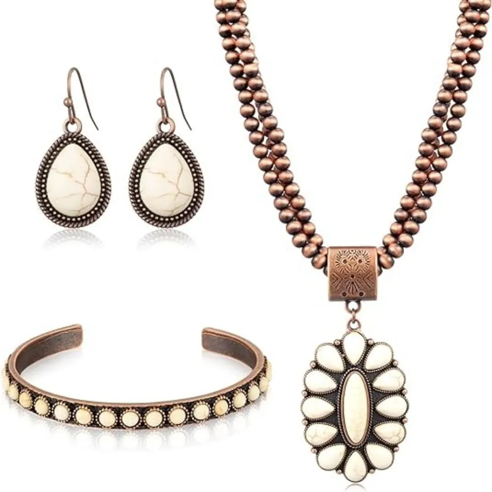 3-Piece Western Jewelry Set for Women, Turquoise Cowgirl Necklace Earrings Bracelet, Vintage Bohemian Accessories for Ch