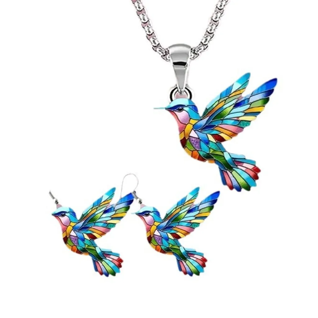 Vibrant Hummingbird Necklace Earrings Colorful Pendant Jewelry Set for Women