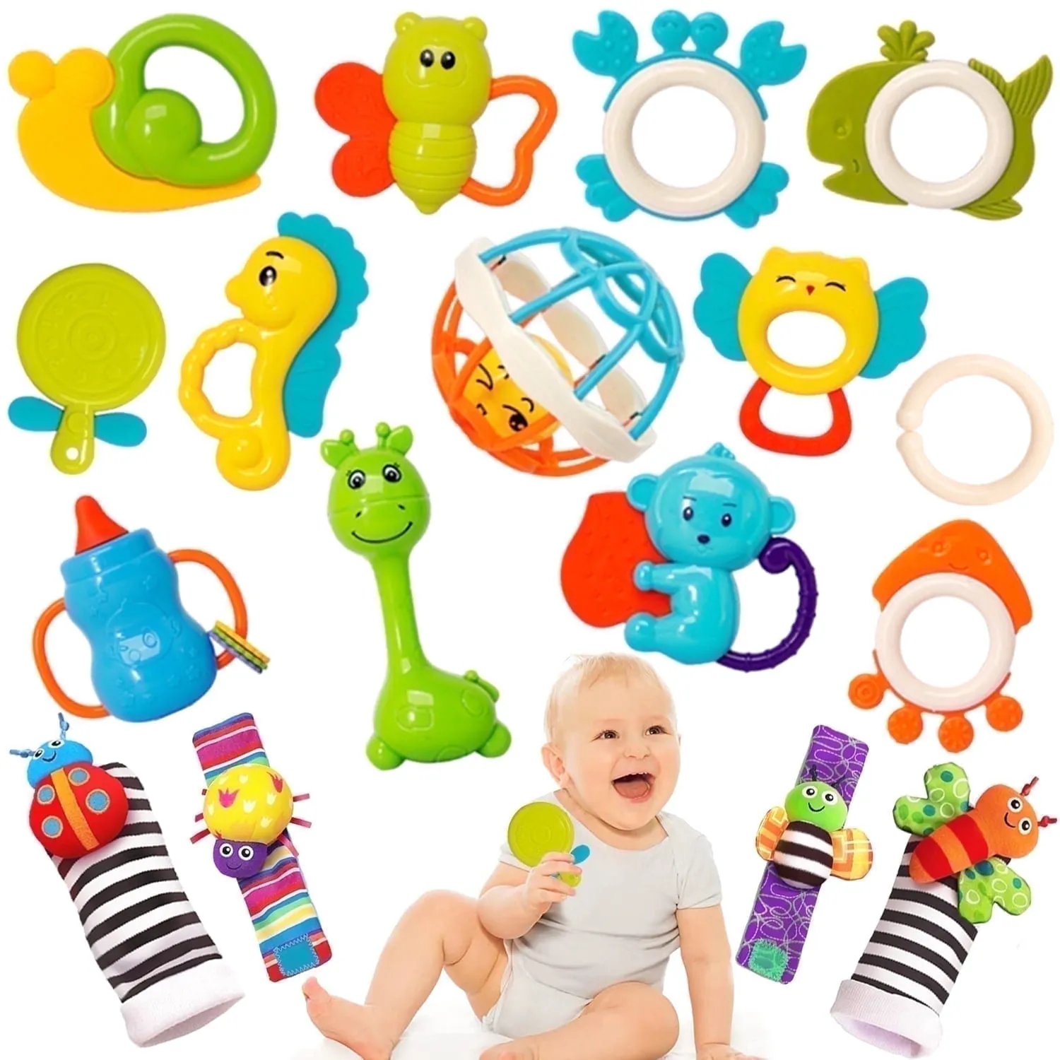 Baby Toys, 17 Pcs Baby Rattles Toys Teething Toys for Babies 12-18 Months, Early Development Learning Toy Newborn Toy Ba