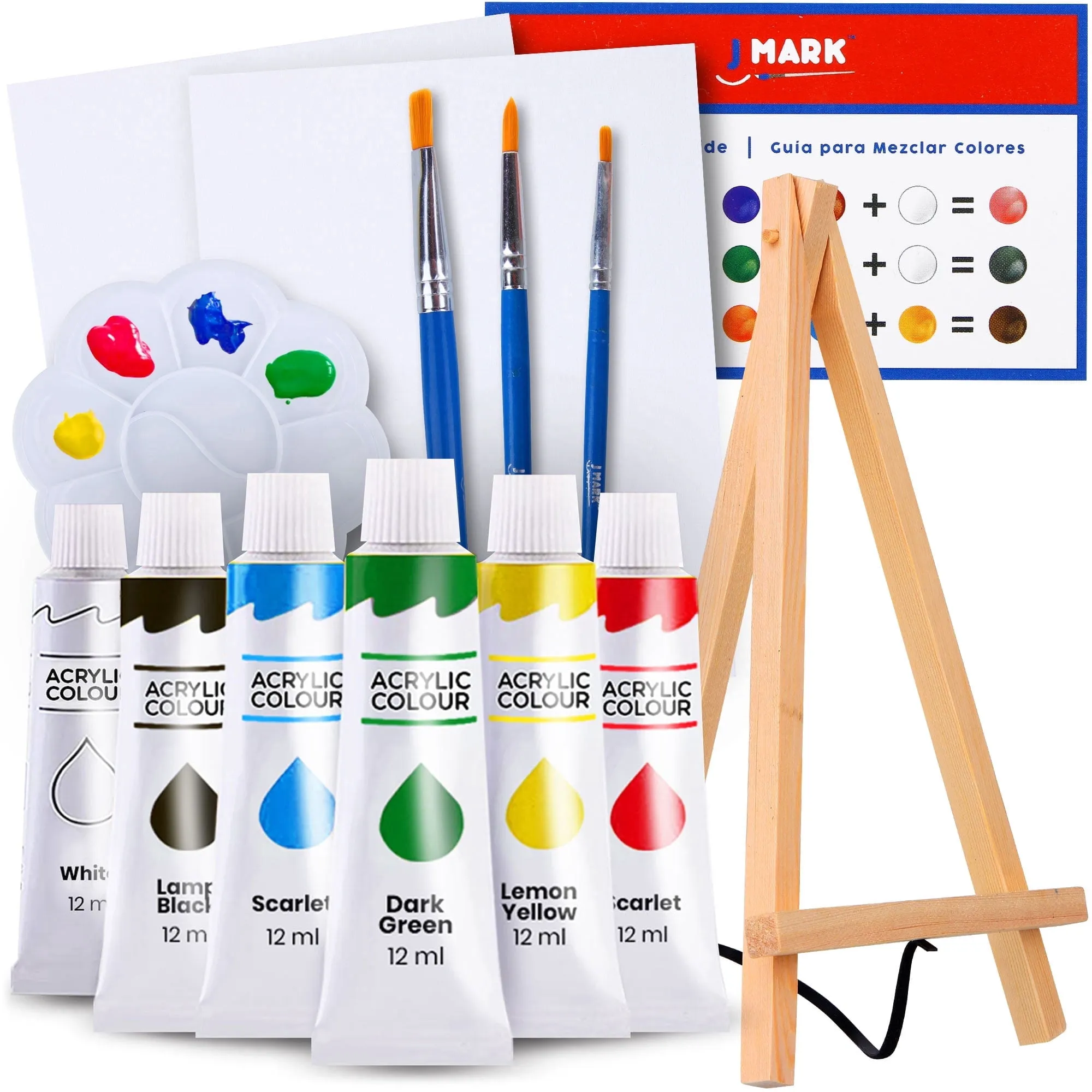 Art Canvas Paint Set Supplies 14-Piece Mini Canvas Acrylic Painting Kit with Wood Easel, 6x8 inch Canvases, 6 Non Toxic