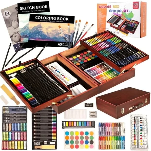 KINSPORY 168Pcs Drawing Painting Set, Deluxe Wooden Art Set Crafts Coloring Book, Sketch Pad, Gift for Artist Beginners 