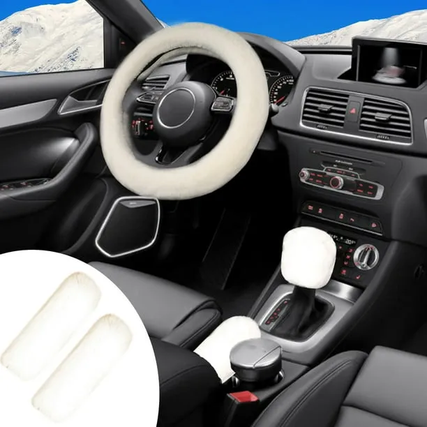 5 PCS/Set Faux Rabbit Fur Fuzzy Steering Wheel Cover Soft Warm Winter Gear Knob Shift Handbrake Fluffy Cover Seat Belt P