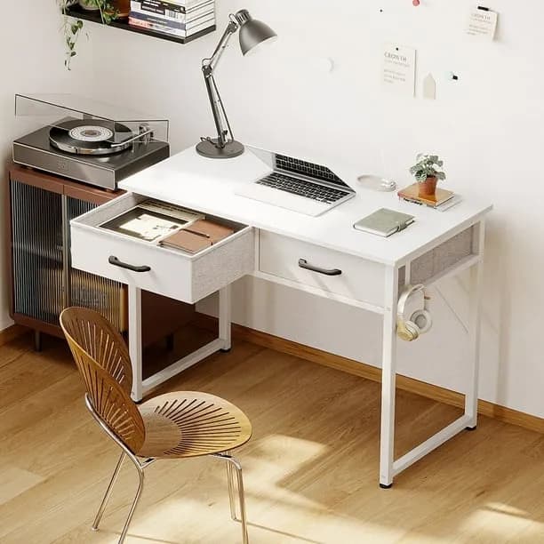 Casacomoda 32 Inch Writing Desk with 2 Fabric Drawers, Modern Study Table with Storage for Student/Kids, Small Computer 