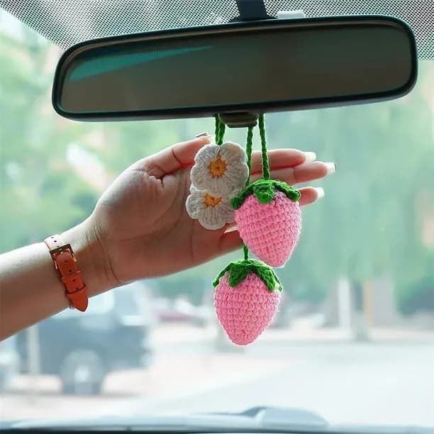 NOGIS Rear View Mirror Dangle Pendant Cute Crochet Strawberry Plant Hanger Decor Car Mirror Hanging Accessories Interior