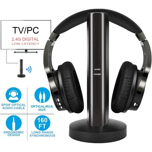 Wireless TV Headphones with 2.4G Digital RF Transmitter, Hi-Fi Over-Ear Cordless Headset with RCA / 3.5MM / Optical Port