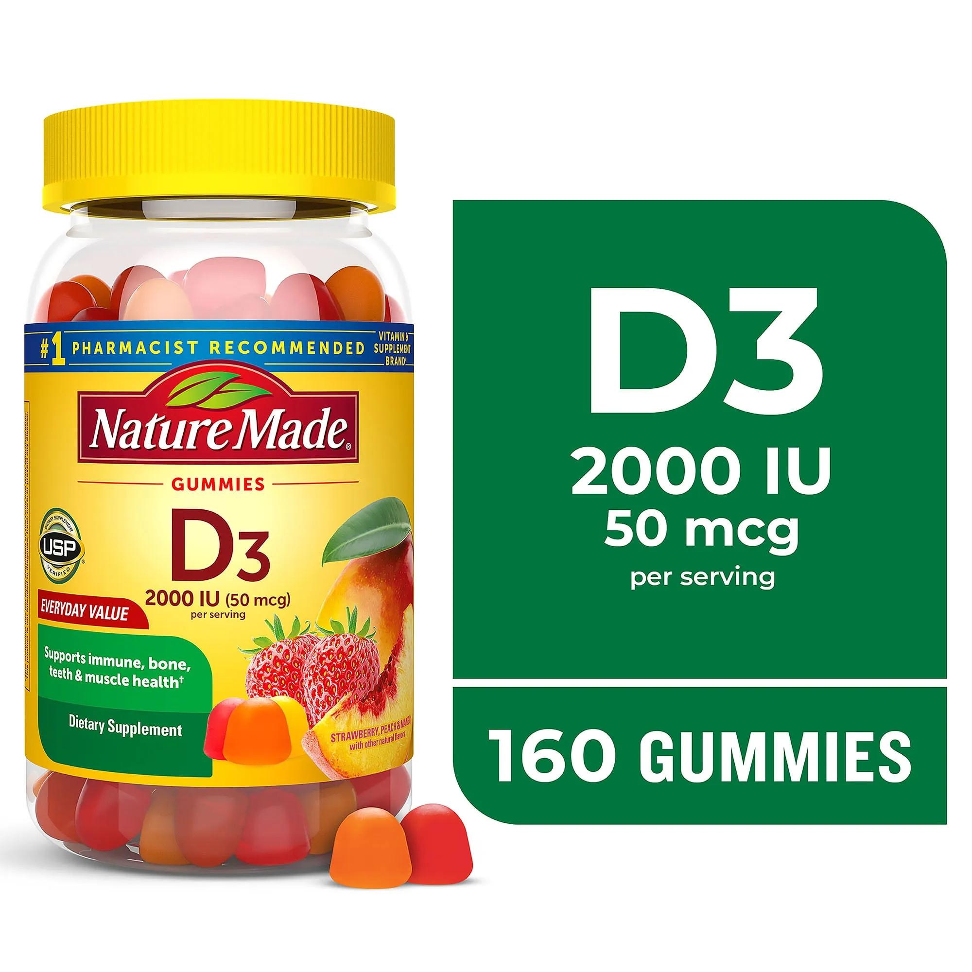 Nature Made Vitamin D3 2000 IU (50 Mcg) per Serving Gummies, Dietary Supplement, 160 Count