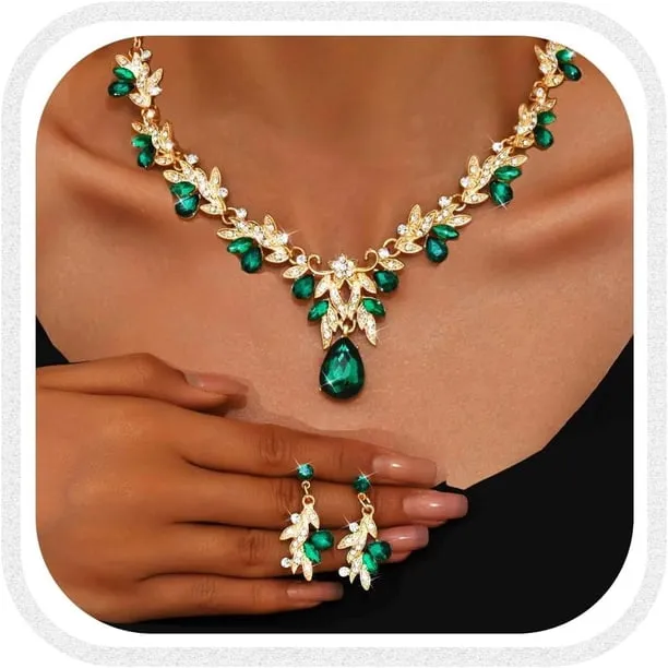 Green Necklace and Earring Set Rhinestone Formal Wedding Jewelry Sets for Women