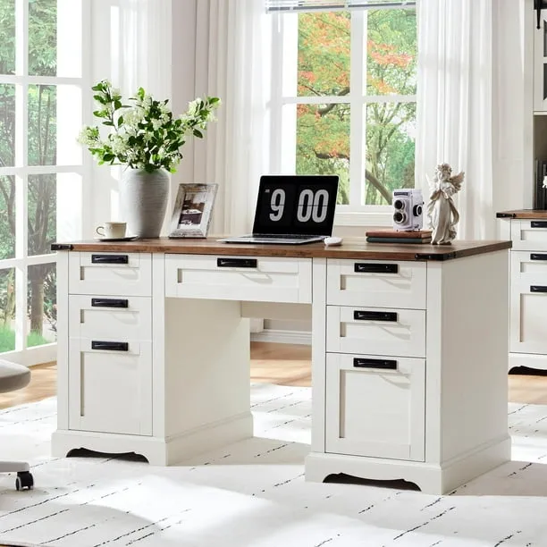 OKD Farmhouse Executive Desk, Rustic Office Desk with Charging Station and Keyboard Tray,Home Workstations with File