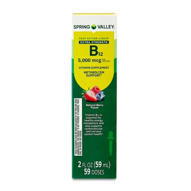 Spring Valley Extra Strength Vitamin B12 Supplement, 5000 mcg, Berry, 2 fl oz, Fast Acting Liquid for Metabolism Support