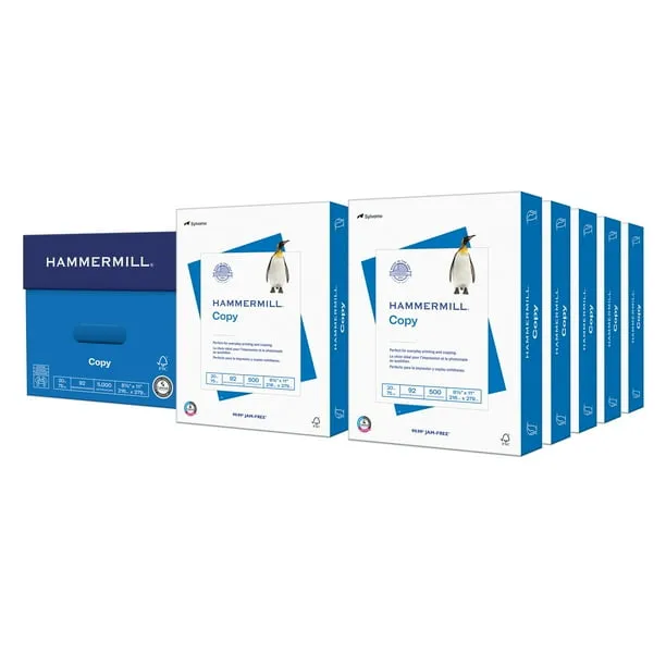 Hammermill Printer 20 lb., Copy Paper 8.5" x 11", 10 Ream, 5,000 Sheets, White - 150010
