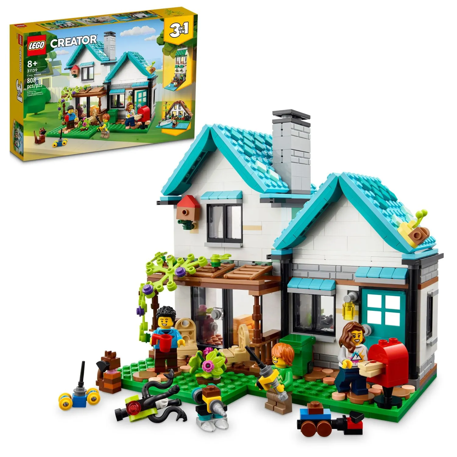 LEGO Creator 3 in 1 Cozy House Building Kit, Rebuild into 3 Different Houses, Includes Family Minifigures and Accessorie