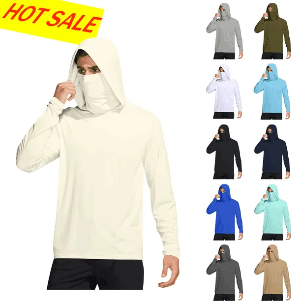 Mens Fishing Shirts, UPF 50+ Long Sleeve Sun Protection Hoodies with Face Mask Lightweight Outdoor Athletic Sun Shirt