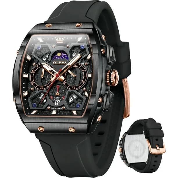 Watches for Men Chronograph Waterproof Luxury Dress Quartz Silicon Strap Multifunction Moon Phase Calendar Luminous Men 