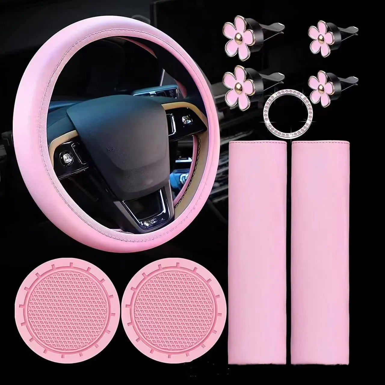 Leather Steering Wheel Cover for Women Cute Car