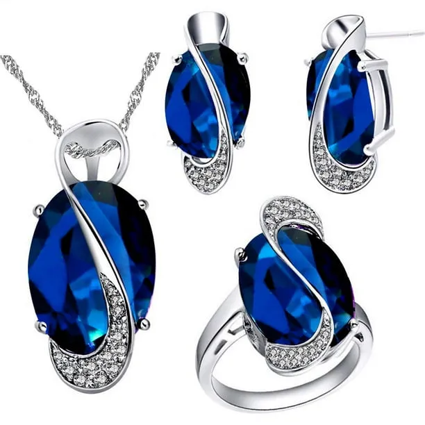 Platinum Plated Fashion Necklace Stud Earrings Halo Rings Jewellery Set, Silver Color Wedding Decorations Bridal