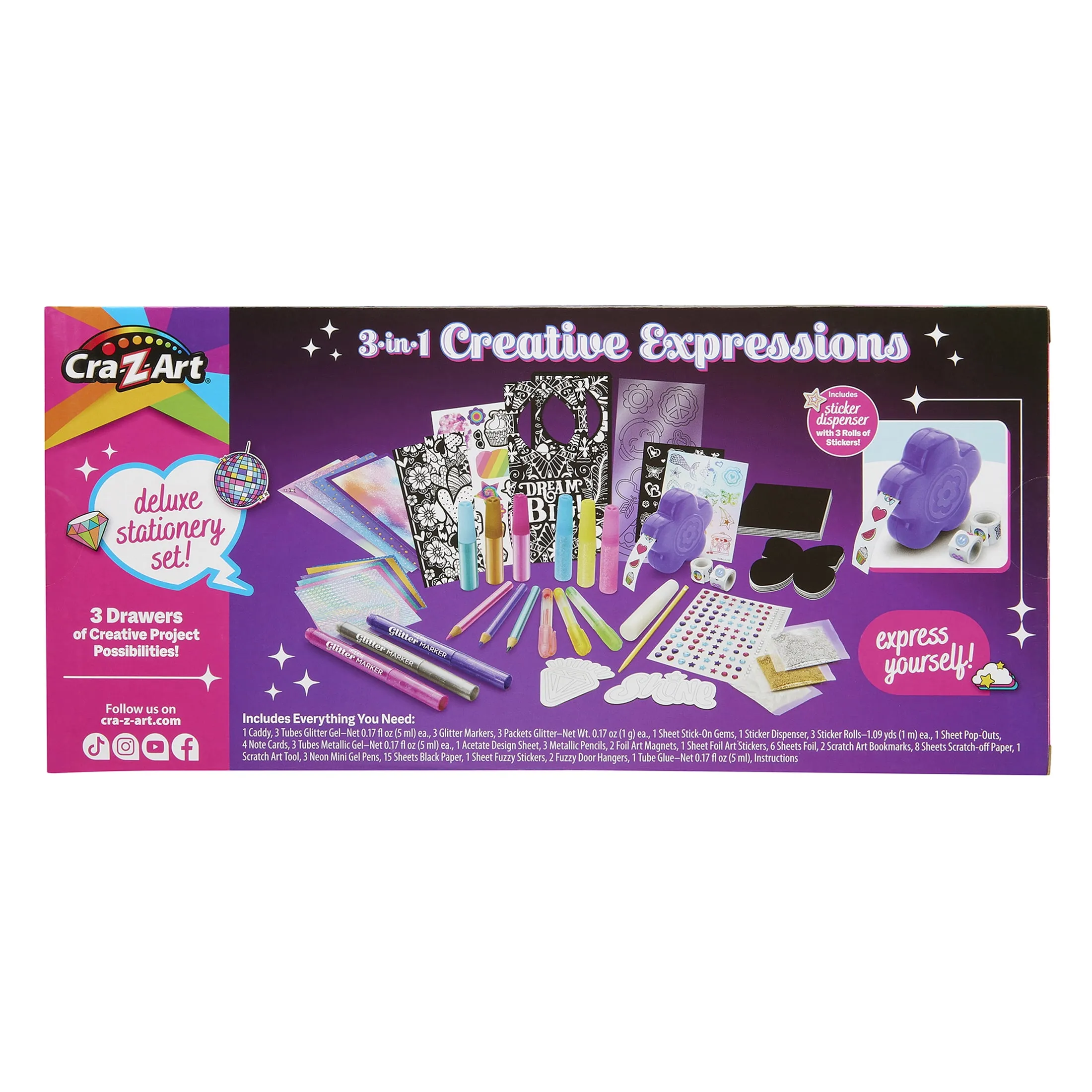 Cra-Z-Art 3-in-1 Creative Expressions Deluxe Stationery Set with Gel Pens, Glitter, Stickers, and More Kids Ages 8