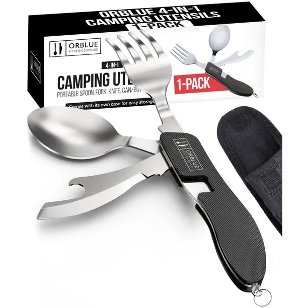 Orblue 4-in-1 Camping Utensils, 1-Pack, Portable Stainless Steel Spoon, Fork, Knife & Bottle Opener Combo Set - Travel