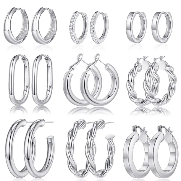 9 Pairs 14K White Gold Plated Chunky Twisted