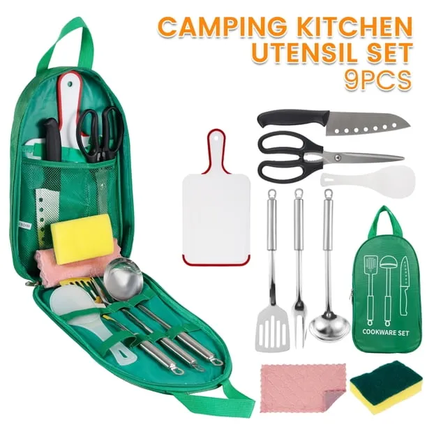 Jetcloudlive 9 Piece Camp Kitchen Cooking Utensil Set Travel Organizer Grill Accessories Portable Compact Gear