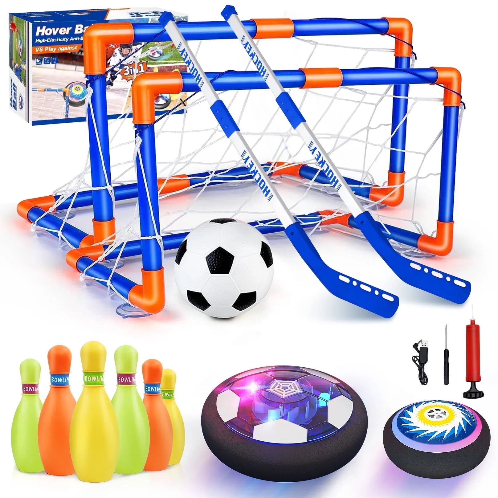 Hot Bee Hover Soccer Ball Set, 3-in-1 LED Soccer Hockey Bowling Set Indoor/Outdoor Toys, Gifts for 3 4 5 6 7 8+ Years Bo