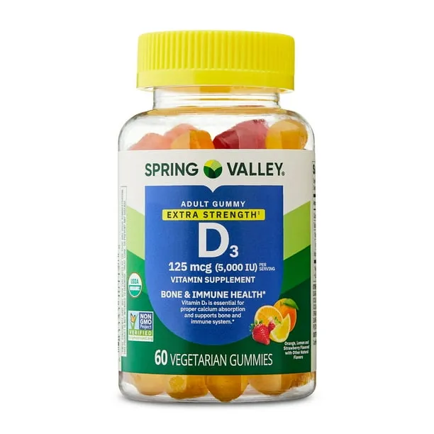 Spring Valley Extra Strength Vitamin D3 Supplement Vegetarian Gummies for Bone and Immune Health, 125 mcg (5000 IU), 60 