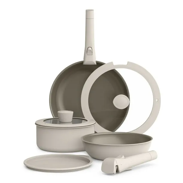 bella 8-Piece Piece Ceramic Nonstick Cookware Set with Removable Handles, Oatmilk