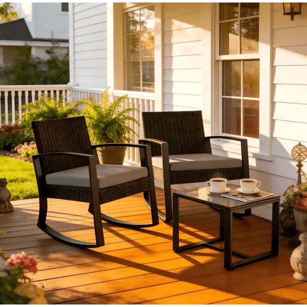 Lofka 3 Piece Patio Furniture Set, All Weather Wicker Outdoor Rocking Chair Set with Thick Soft Cushions and Tempered Gl