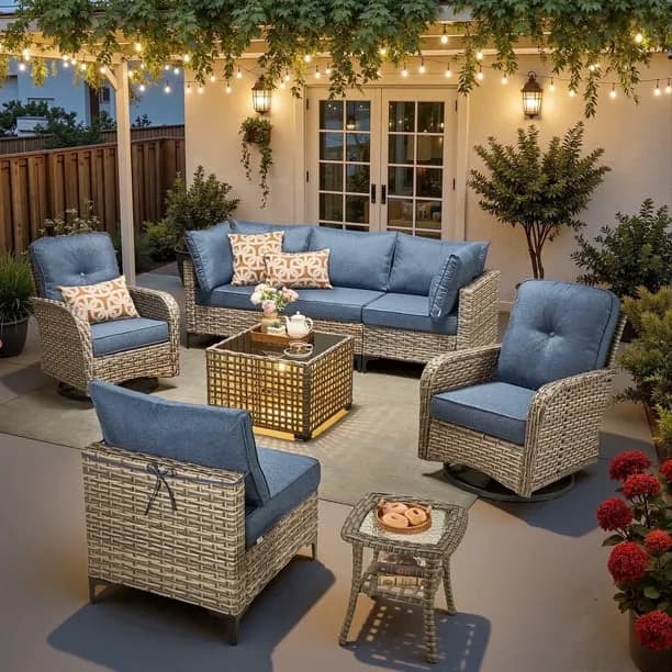 Ovios 8 Pieces Patio Furniture Outdoor Conversation Set Rattan Wicker Outside Sectional Sofa with Swivel Chairs & Solar 