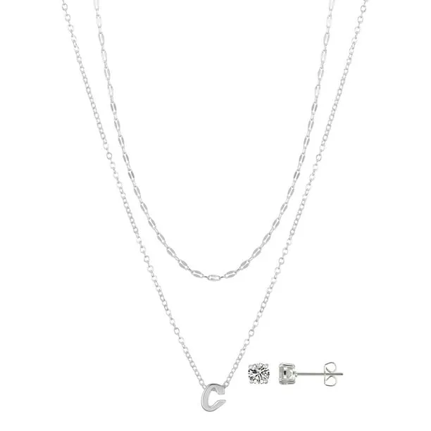 Women's Initial C Slider Layered Necklace and Stud Set, 16+2"/18+2"